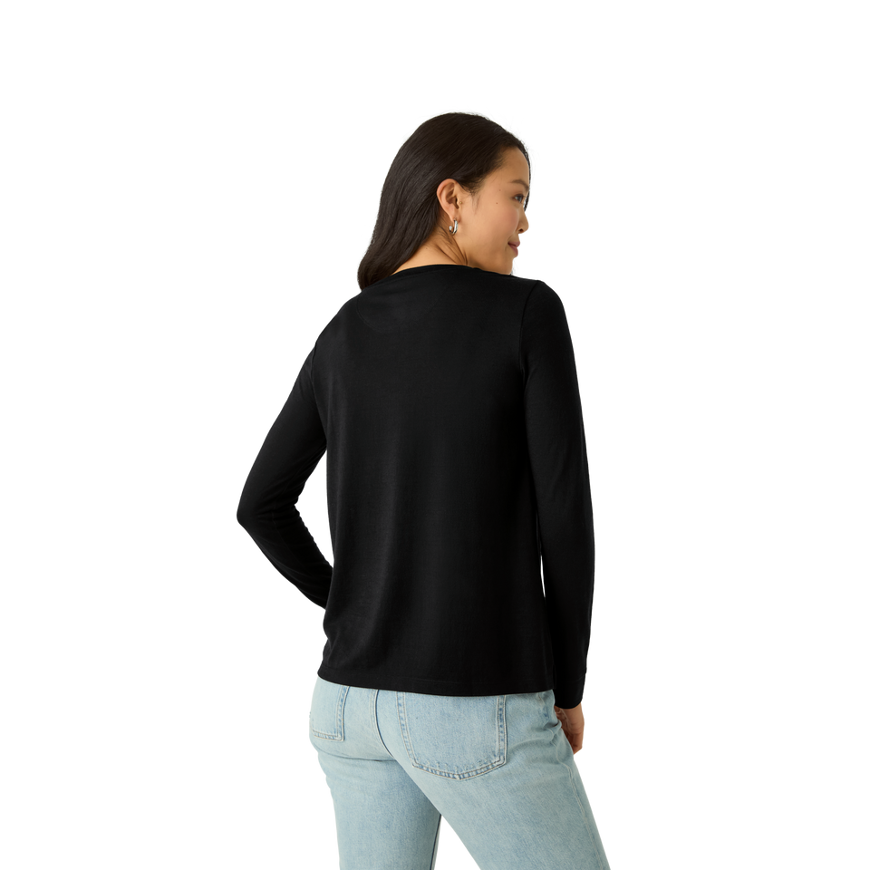 Merino Wool Blend Crew Neck Long Sleeve T-Shirt - Black WO3 [7056]