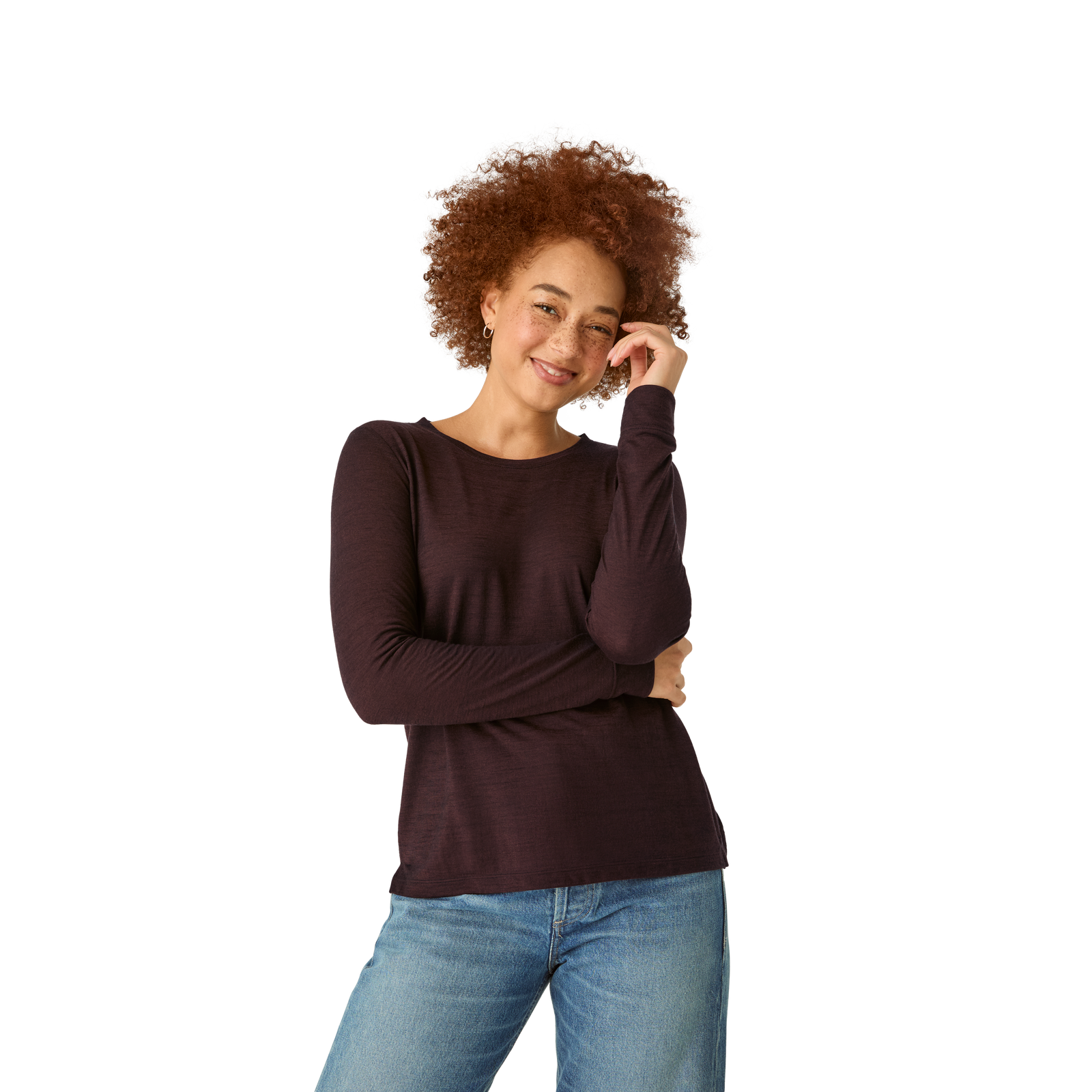 Merino Wool Blend Crew Neck Long Sleeve T-Shirt - Dark Cocoa WO4 [7056]