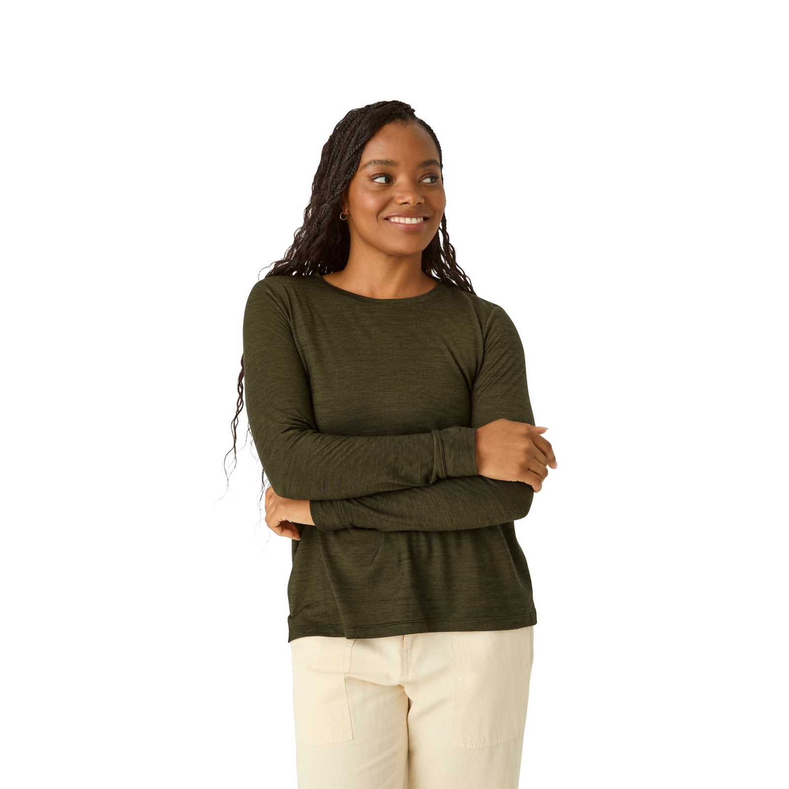 Merino Wool Blend Crew Neck Long Sleeve T-Shirt - Green Olive WO4 [7056]