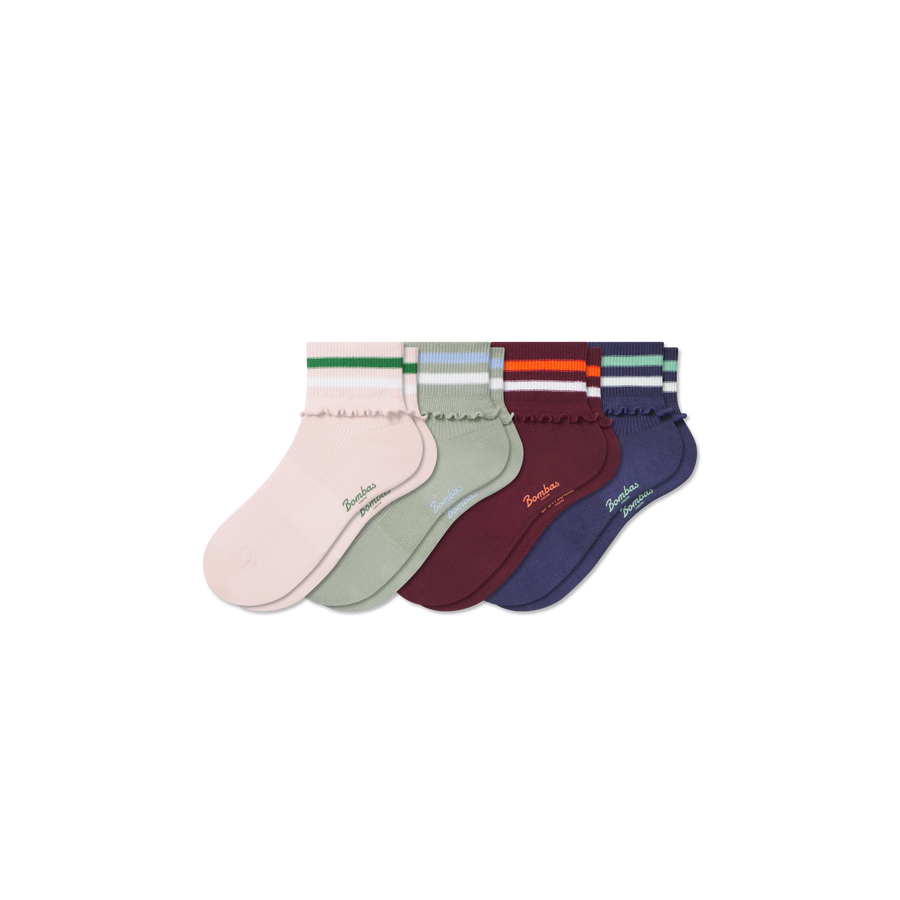 Youth Foldover Ruffle Quarter Sock 4-Pack - Outdoor Travel Rotation
