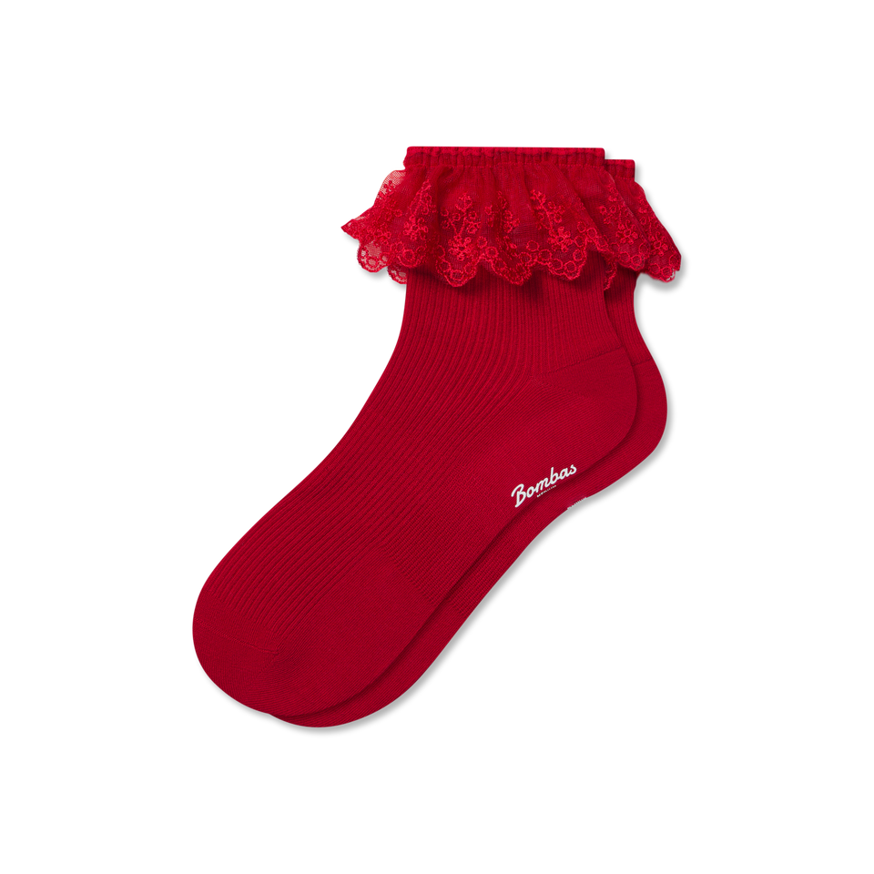 Ruffle Lace Quarter Socks - red L [9966]