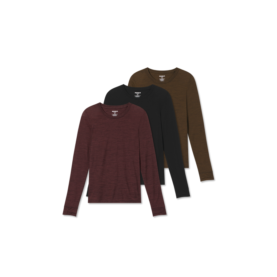 Women's Merino Wool Blend Crew Neck Long Sleeve T-Shirt 3-Pack - Active Stride Support