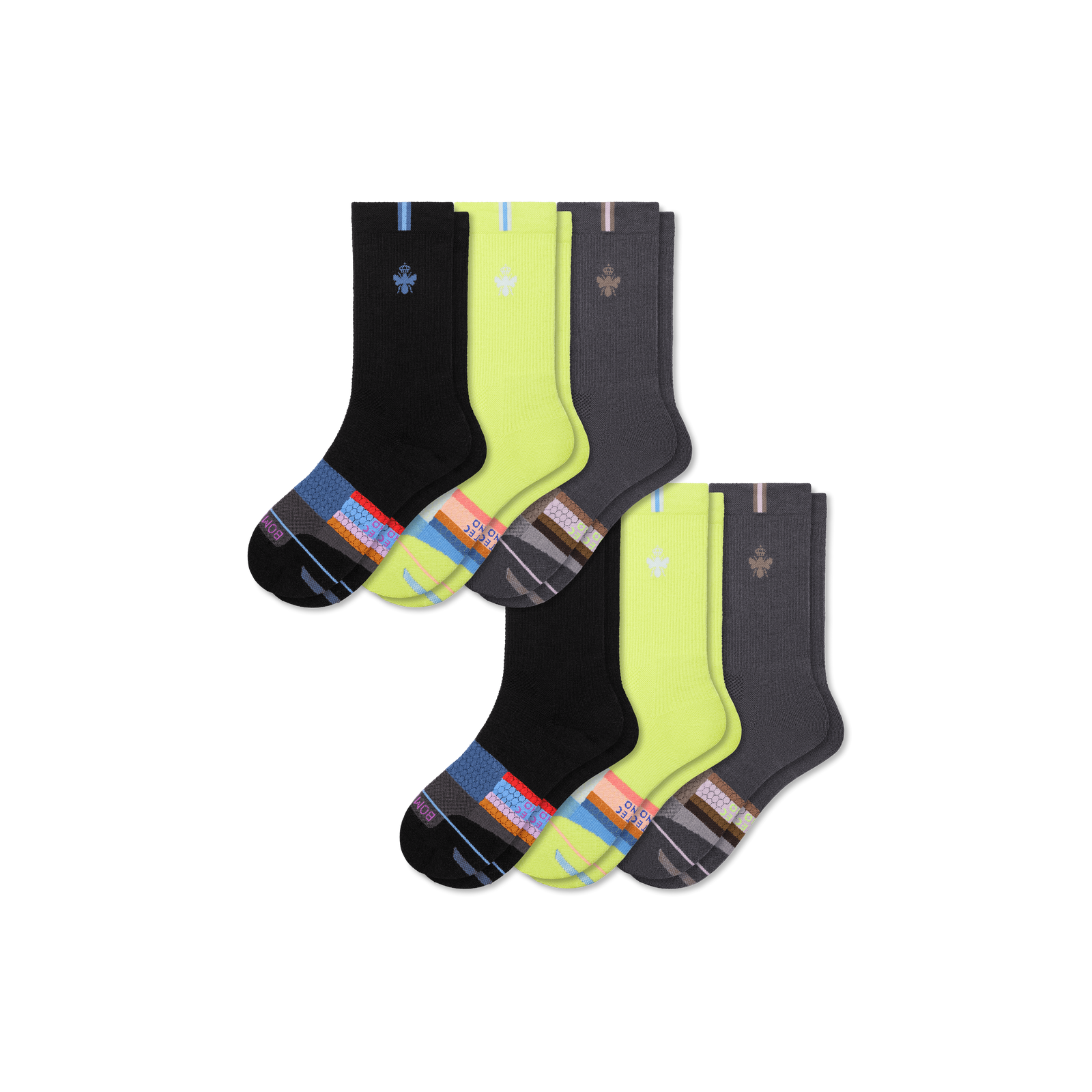 Merino Wool Blend Athletic Calf Sock 6-Pack - Black Chartreuse Mix